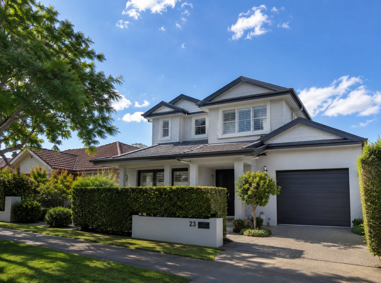 Modern white two-storey home in a Sydney suburb on a sunny day